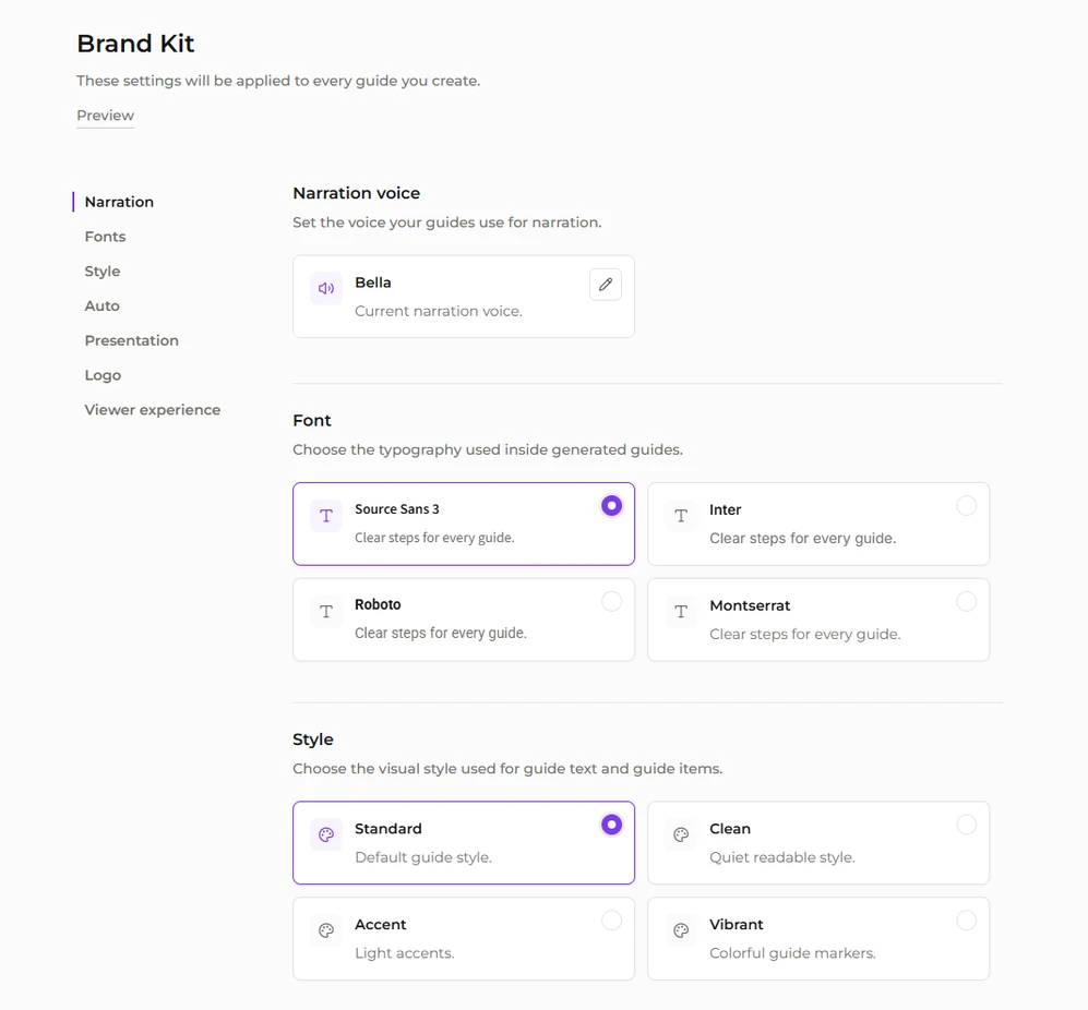Brand kit feature preview in Guide Agent