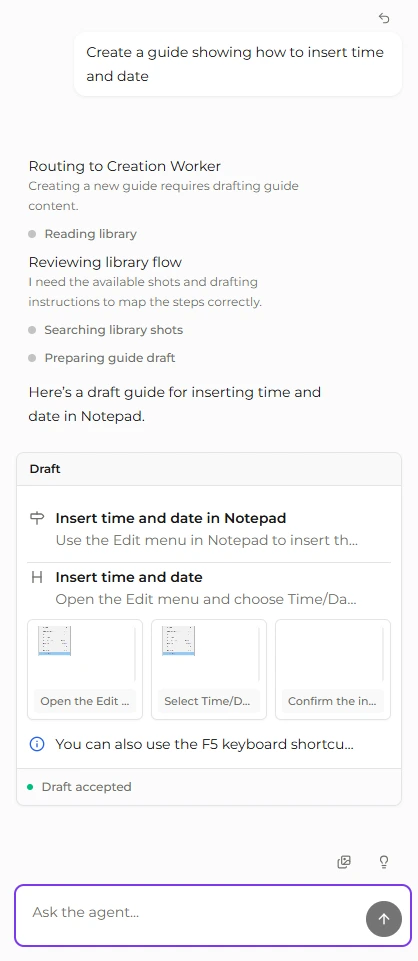 Agent prompt creating a product guide from captured screens
