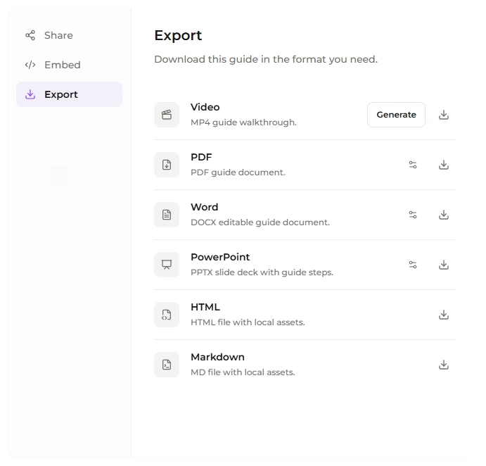 Published guide export and sharing options